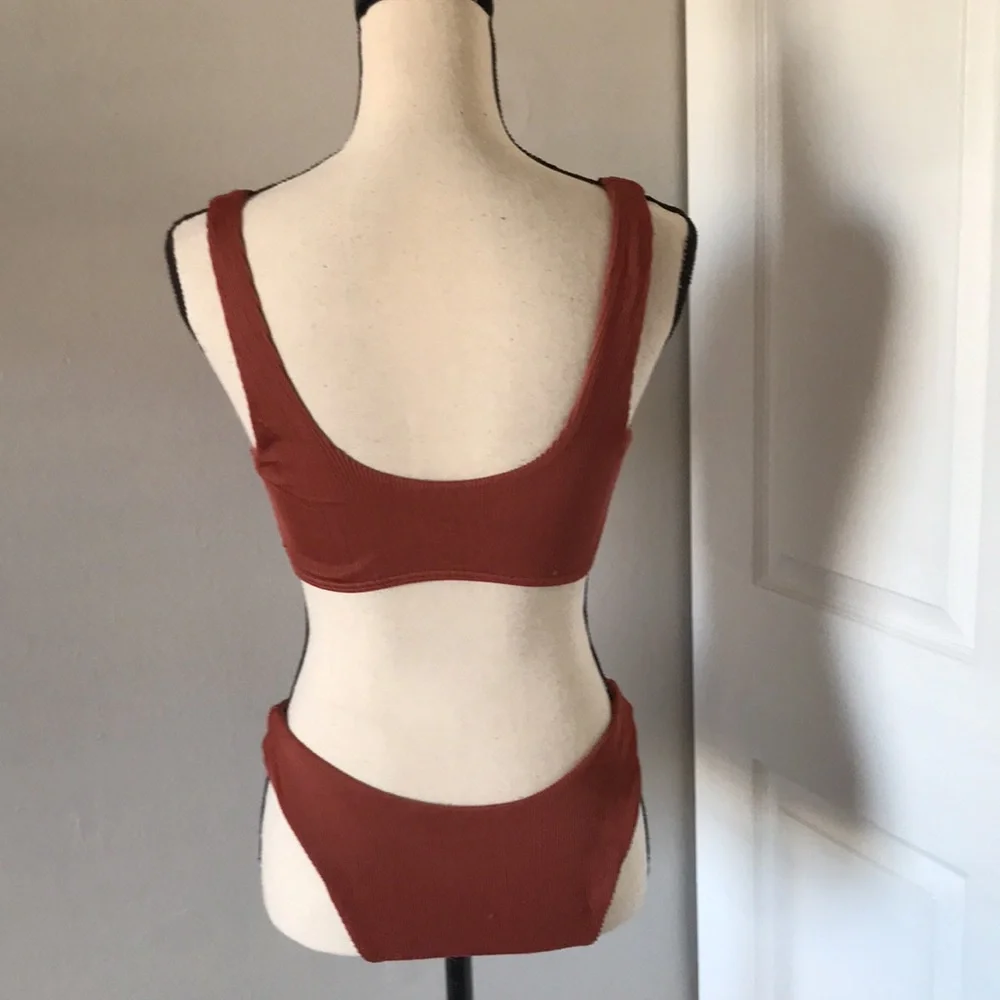BROWN Ribbed Tie Front Bikini Set | S
